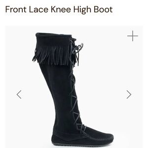 Front Lace Knee High Fringe Boot - Black